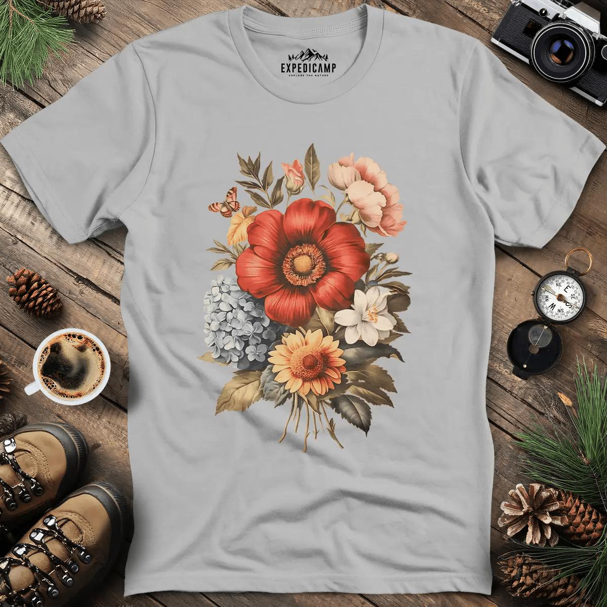 Vintage Floral Bouquet T-Shirt – Ice Grey – Outdoor apparel for travel, hiking, camping, and nature lovers – ExpediCamp