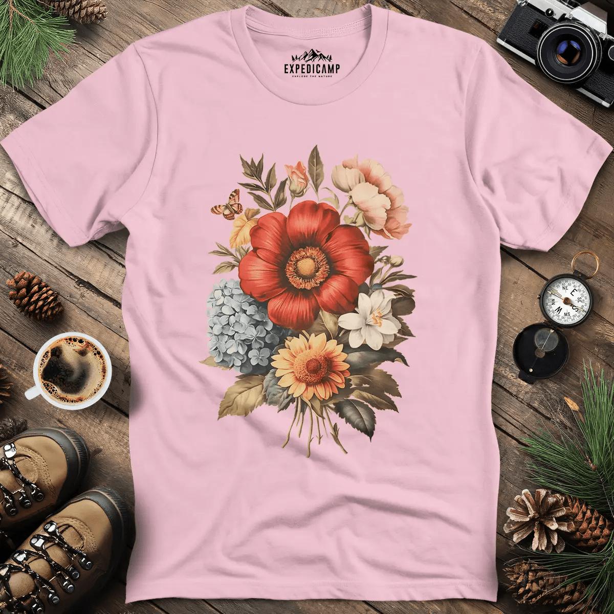 Vintage Floral Bouquet T-Shirt – Light Pink – Outdoor apparel for travel, hiking, camping, and nature lovers – ExpediCamp