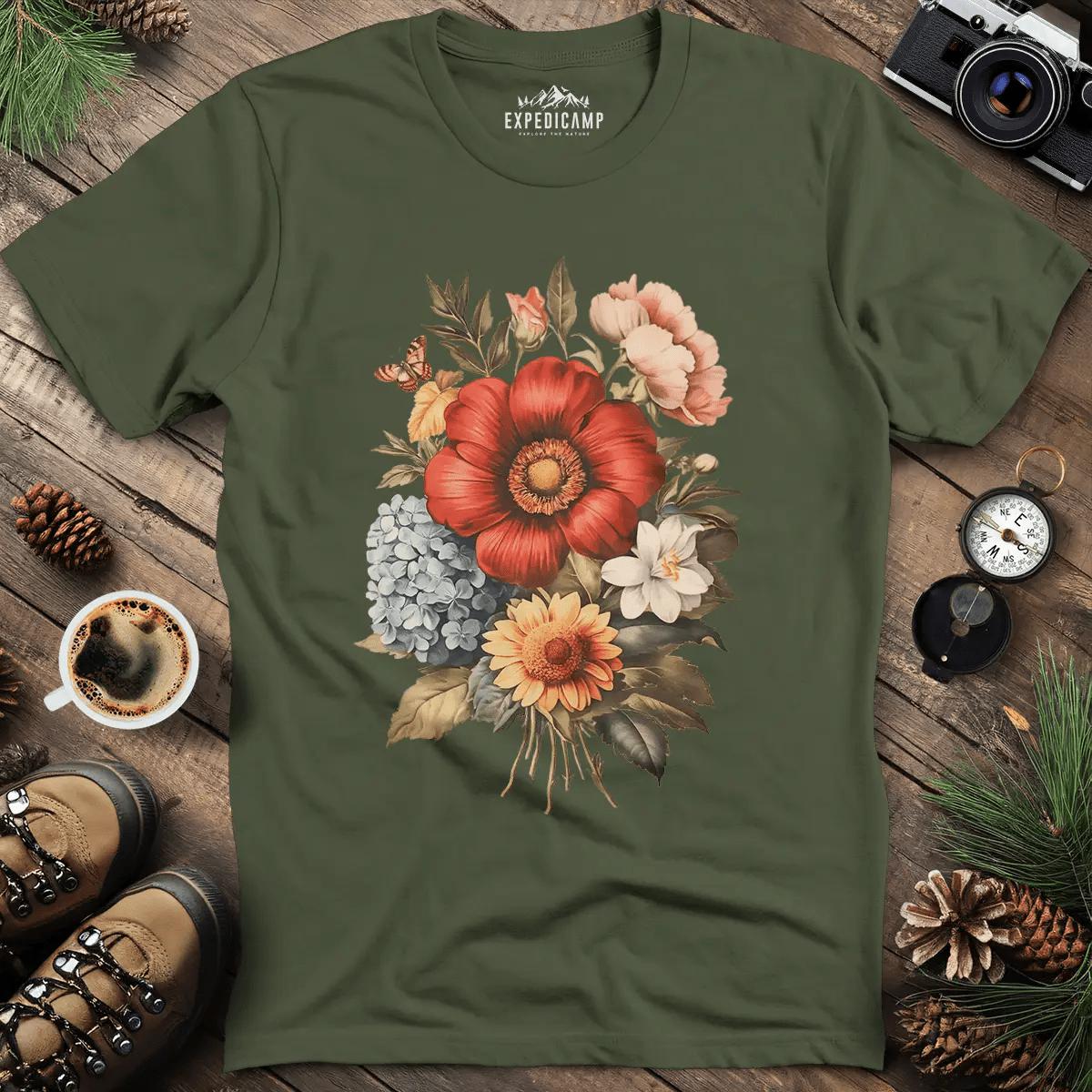 Vintage Floral Bouquet T-Shirt – Military Green – Outdoor apparel for travel, hiking, camping, and nature lovers – ExpediCamp