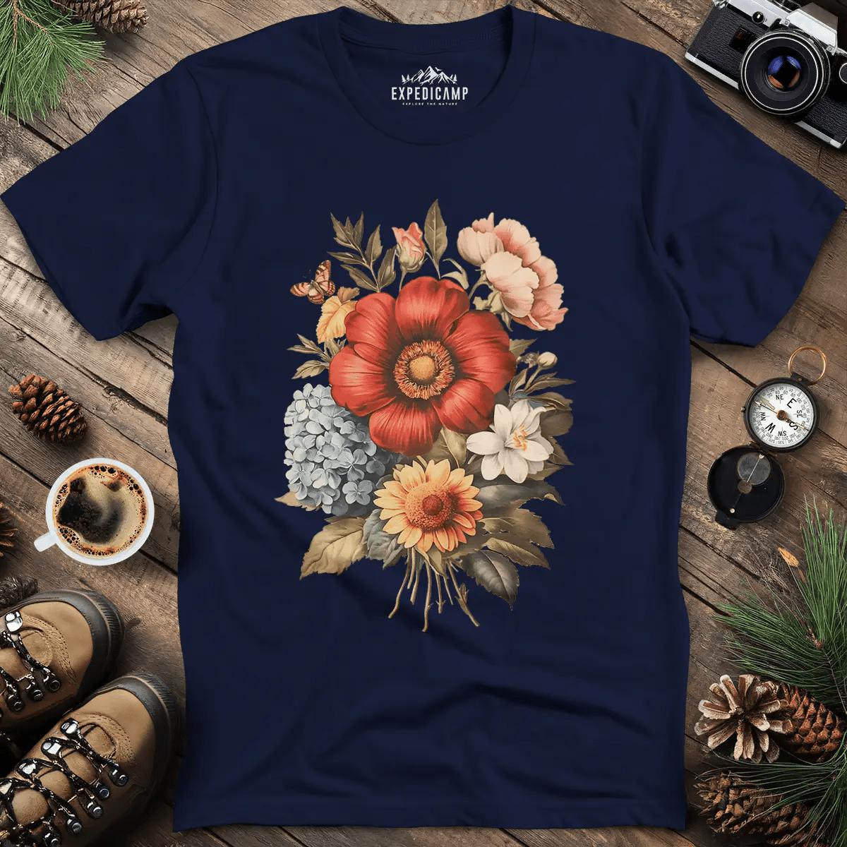 Vintage Floral Bouquet T-Shirt – Navy – Outdoor apparel for travel, hiking, camping, and nature lovers – ExpediCamp