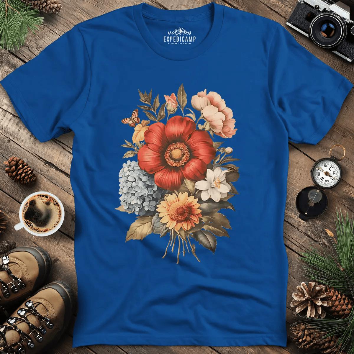 Vintage Floral Bouquet T-Shirt – Royal – Outdoor apparel for travel, hiking, camping, and nature lovers – ExpediCamp