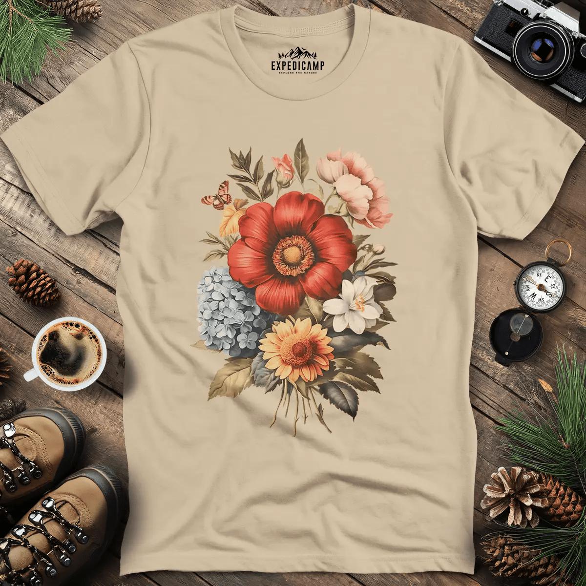 Vintage Floral Bouquet T-Shirt – Sand – Outdoor apparel for travel, hiking, camping, and nature lovers – ExpediCamp