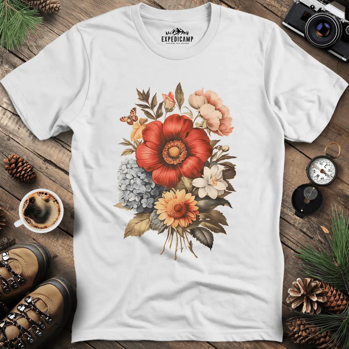 Vintage Floral Bouquet T-Shirt – White – Outdoor apparel for travel, hiking, camping, and nature lovers – ExpediCamp