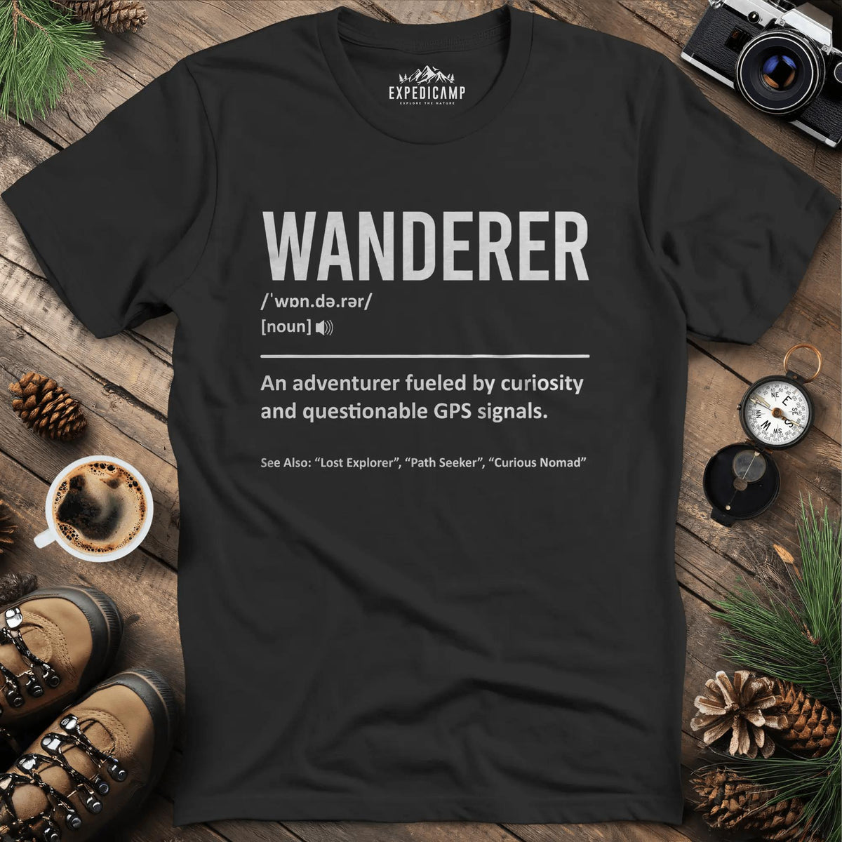 Wanderer Definition T-Shirt – Black – Outdoor apparel for travel, hiking, camping, and nature lovers – ExpediCamp