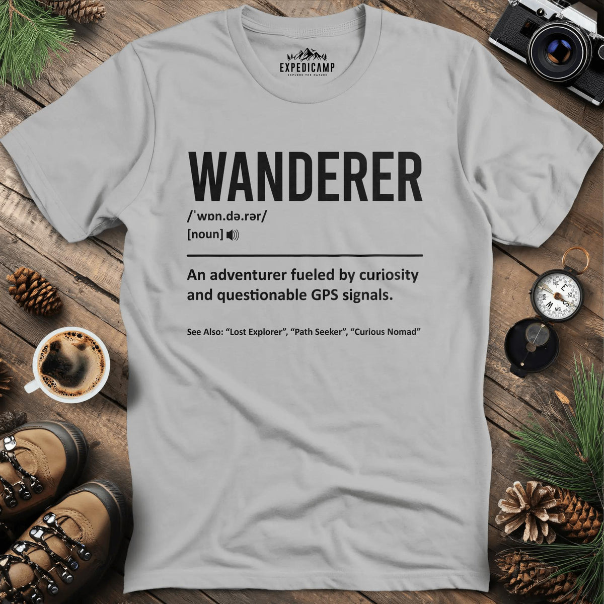 Wanderer Definition T-Shirt – Ice Grey – Outdoor apparel for travel, hiking, camping, and nature lovers – ExpediCamp