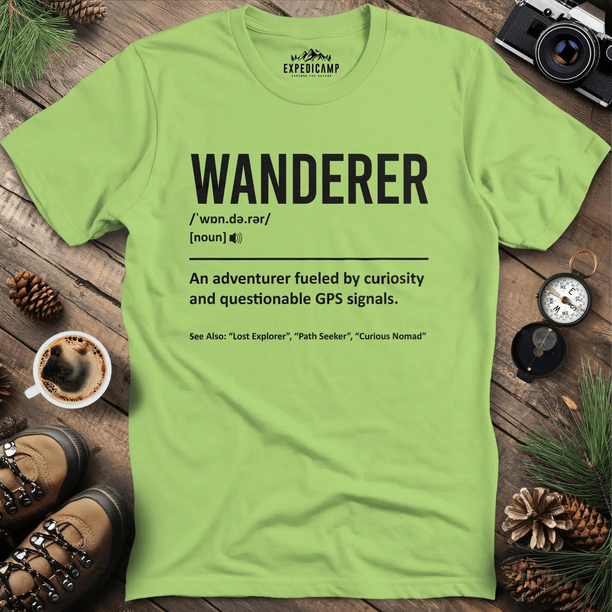 Wanderer Definition T-Shirt – Kiwi – Outdoor apparel for travel, hiking, camping, and nature lovers – ExpediCamp