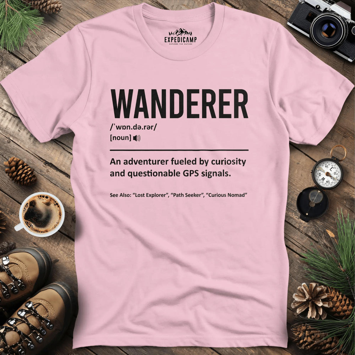 Wanderer Definition T-Shirt – Light Pink – Outdoor apparel for travel, hiking, camping, and nature lovers – ExpediCamp