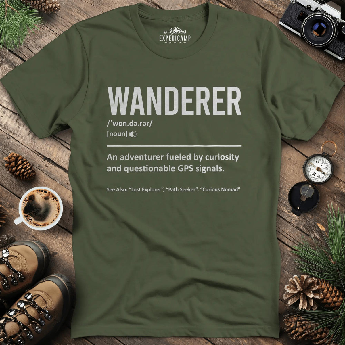 Wanderer Definition T-Shirt – Military Green – Outdoor apparel for travel, hiking, camping, and nature lovers – ExpediCamp