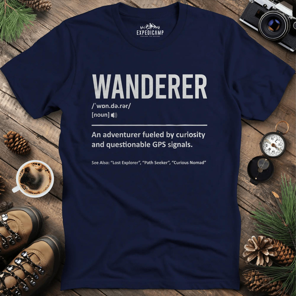 Wanderer Definition T-Shirt – Navy – Outdoor apparel for travel, hiking, camping, and nature lovers – ExpediCamp
