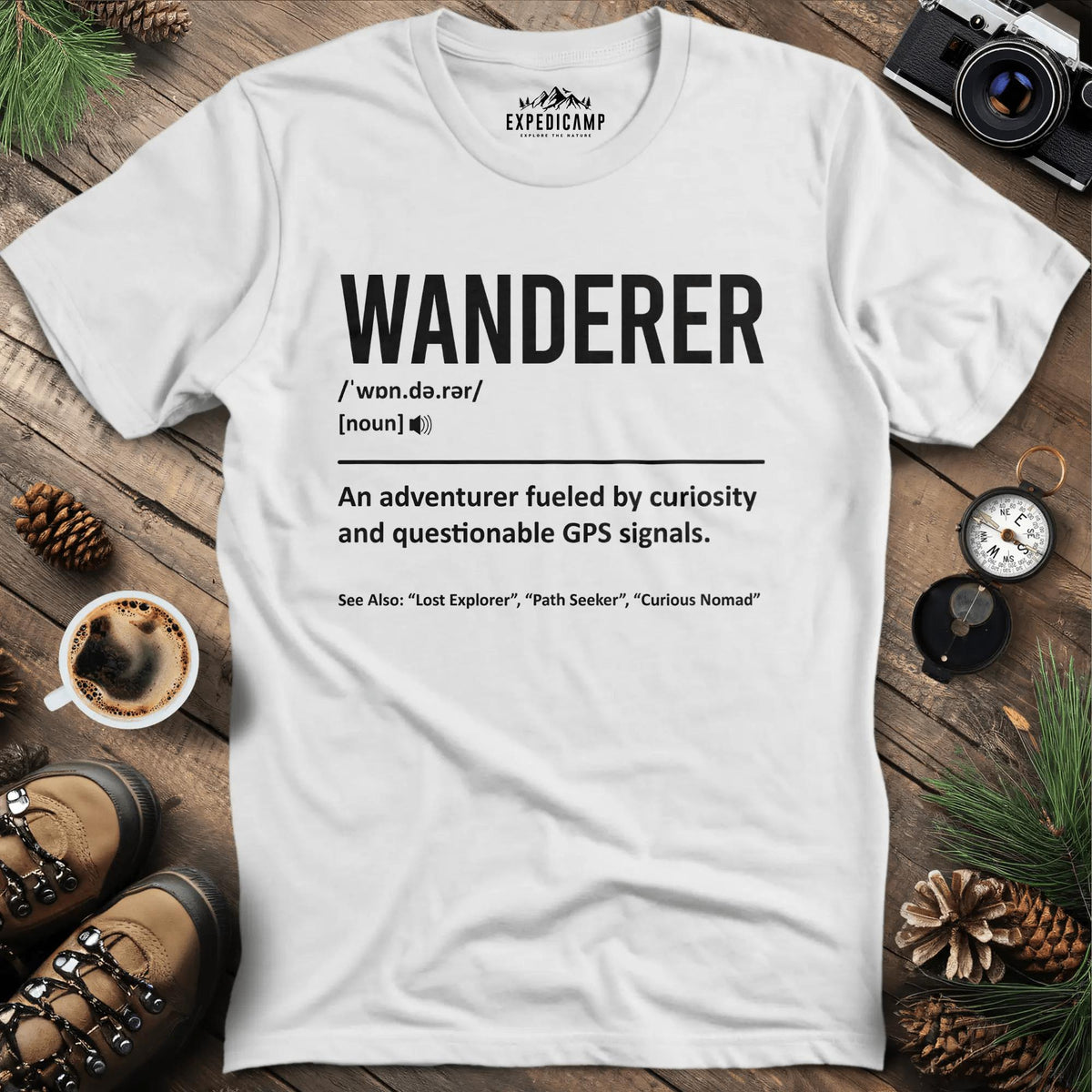 Wanderer Definition T-Shirt – White – Outdoor apparel for travel, hiking, camping, and nature lovers – ExpediCamp
