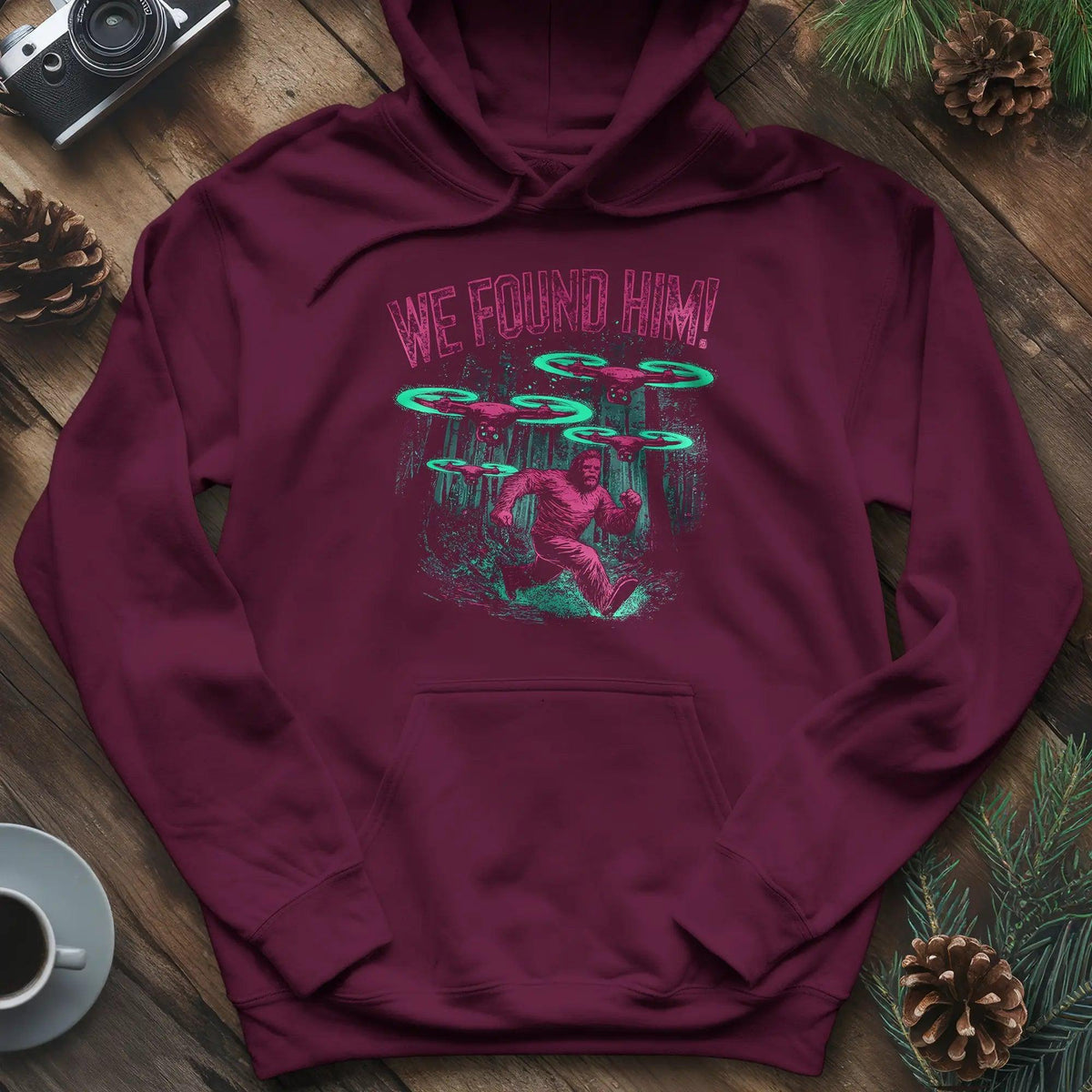 We Found Him Bigfoot Hoodie – Maroon – Outdoor apparel for travel, hiking, camping, and nature lovers – ExpediCamp