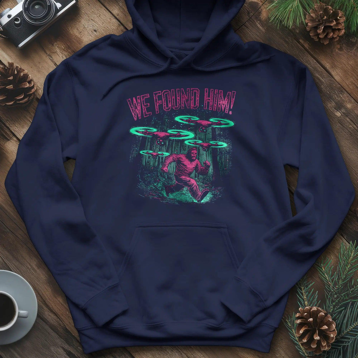 We Found Him Bigfoot Hoodie – Navy – Outdoor apparel for travel, hiking, camping, and nature lovers – ExpediCamp