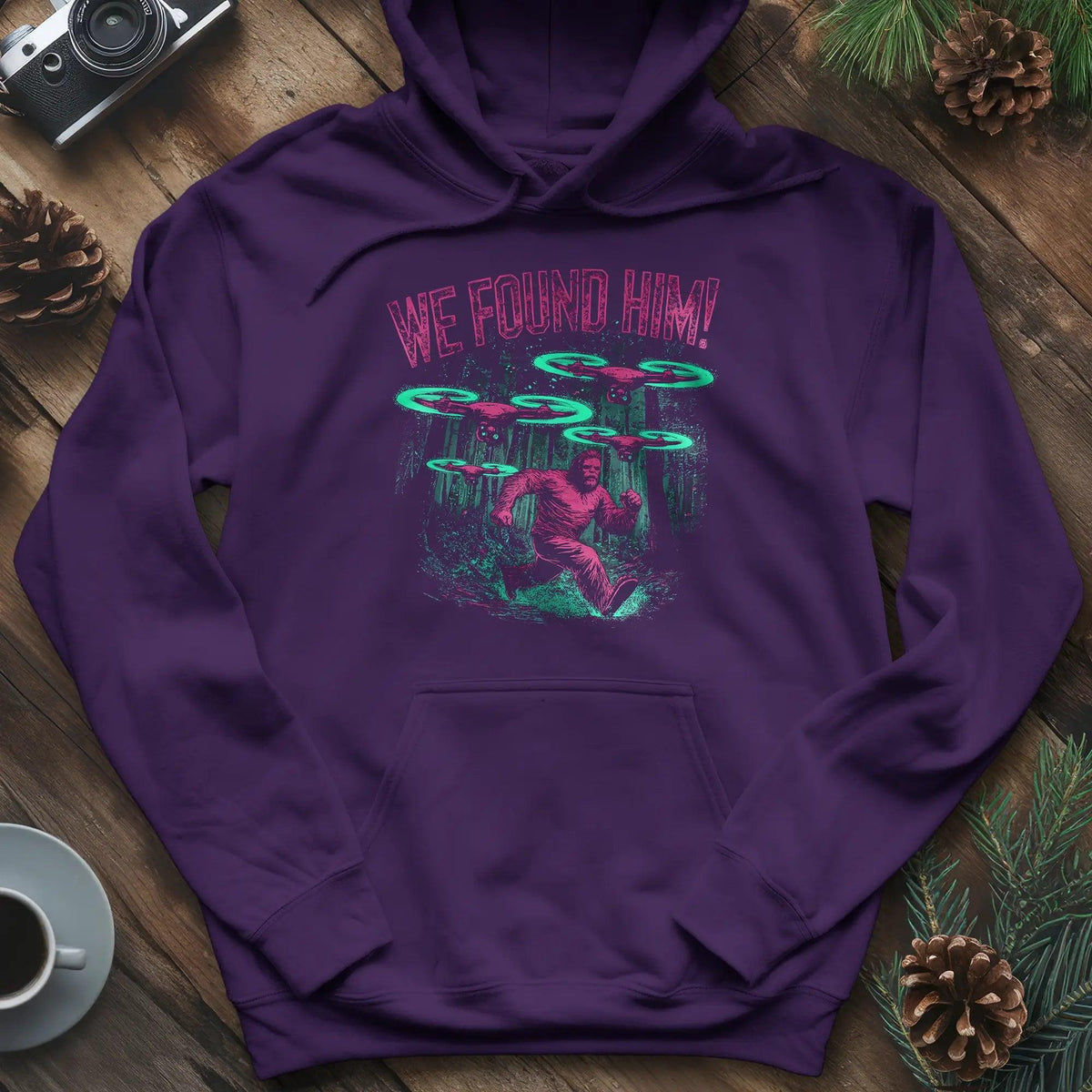 We Found Him Bigfoot Hoodie – Purple – Outdoor apparel for travel, hiking, camping, and nature lovers – ExpediCamp