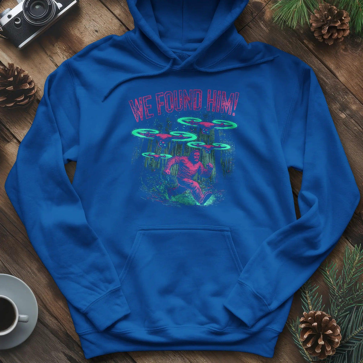 We Found Him Bigfoot Hoodie – Royal – Outdoor apparel for travel, hiking, camping, and nature lovers – ExpediCamp