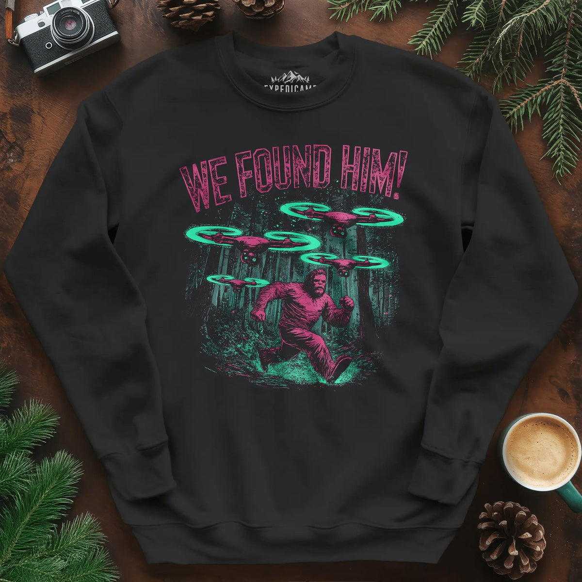We Found Him Bigfoot Sweatshirt – Black – Outdoor apparel for travel, hiking, camping, and nature lovers – ExpediCamp