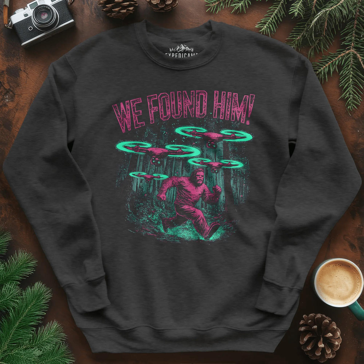 We Found Him Bigfoot Sweatshirt – Dark Heather – Outdoor apparel for travel, hiking, camping, and nature lovers – ExpediCamp