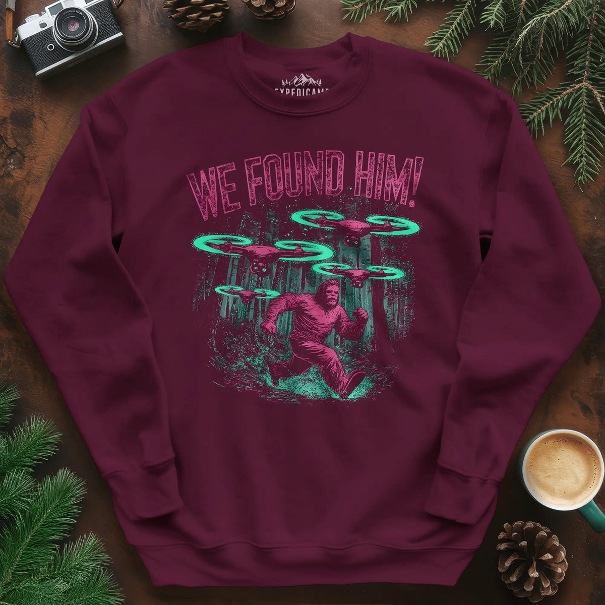 We Found Him Bigfoot Sweatshirt – Maroon – Outdoor apparel for travel, hiking, camping, and nature lovers – ExpediCamp