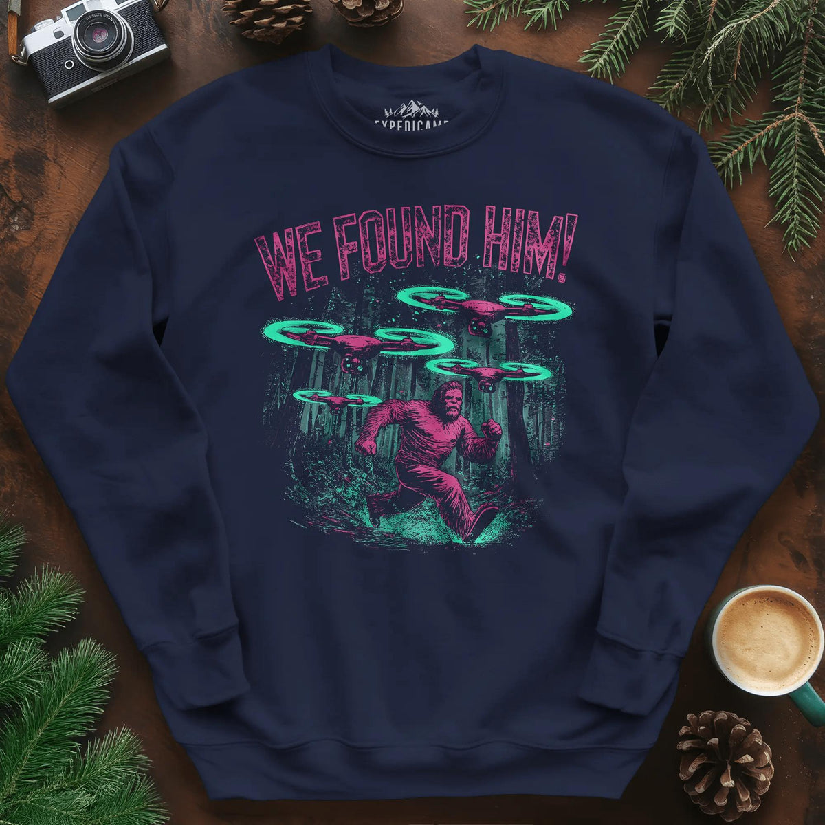 We Found Him Bigfoot Sweatshirt – Navy – Outdoor apparel for travel, hiking, camping, and nature lovers – ExpediCamp