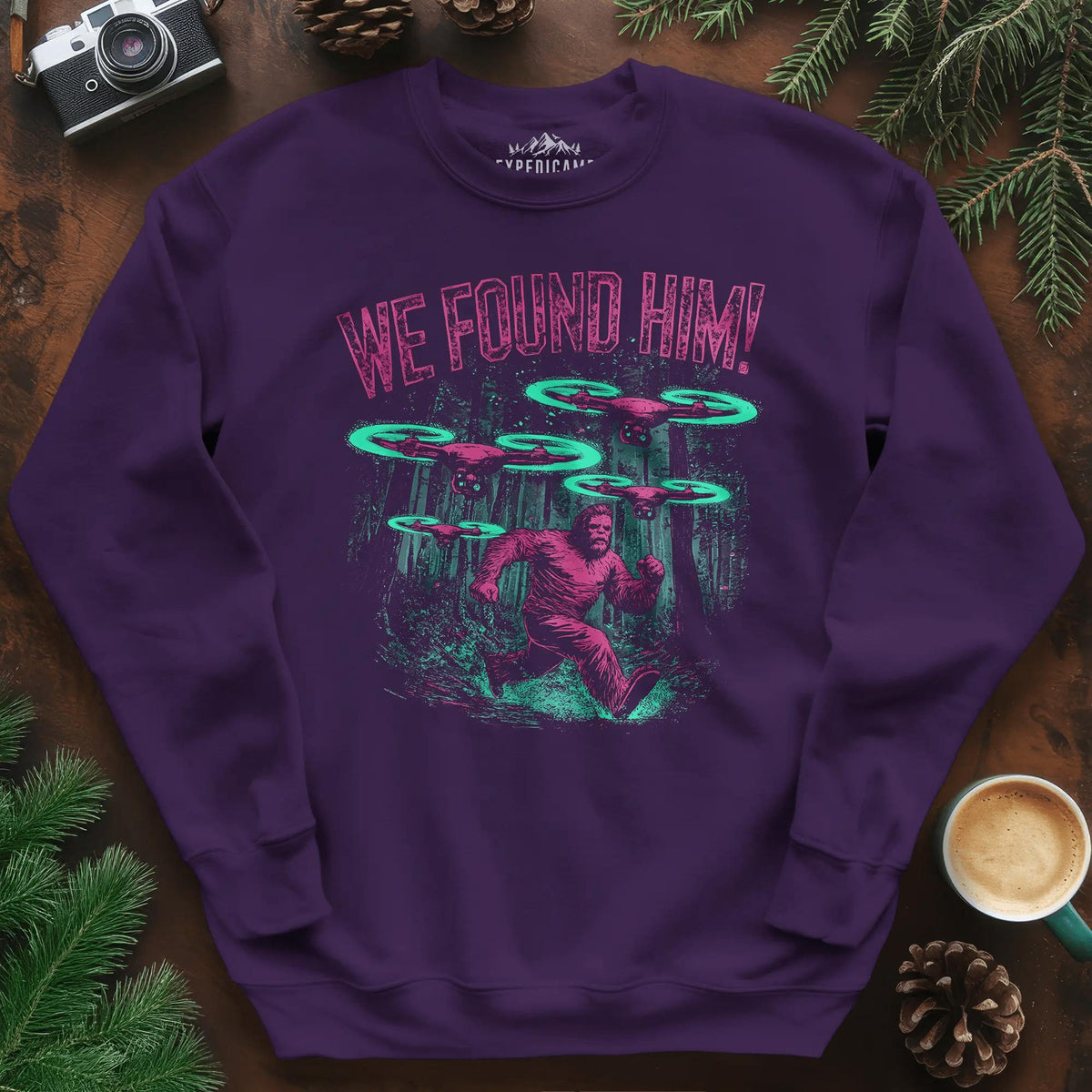We Found Him Bigfoot Sweatshirt – Purple – Outdoor apparel for travel, hiking, camping, and nature lovers – ExpediCamp