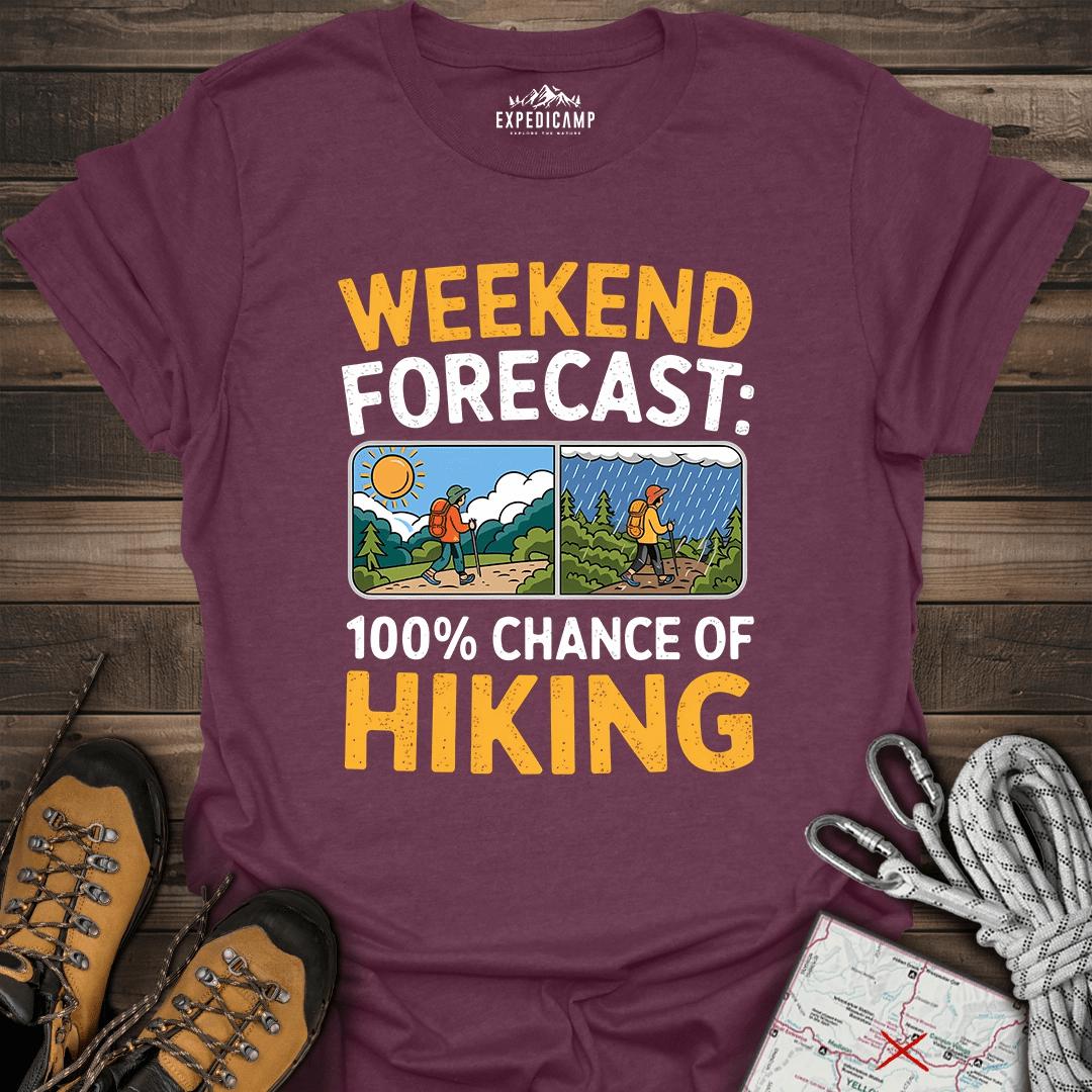 Weekend Hiking Forecast T-Shirt – Heather Maroon – Outdoor apparel for travel, hiking, camping, and nature lovers – ExpediCamp