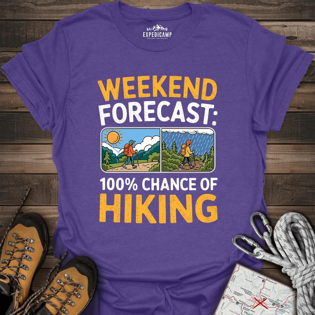 Weekend Hiking Forecast T-Shirt – Heather Purple – Outdoor apparel for travel, hiking, camping, and nature lovers – ExpediCamp