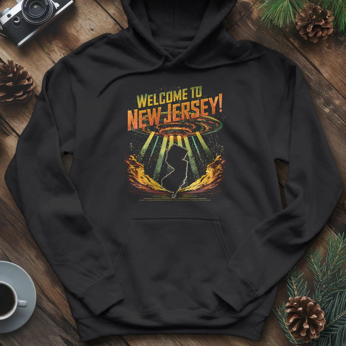 Welcome to New Jersey UFO Hoodie – Black – Outdoor apparel for travel, hiking, camping, and nature lovers – ExpediCamp