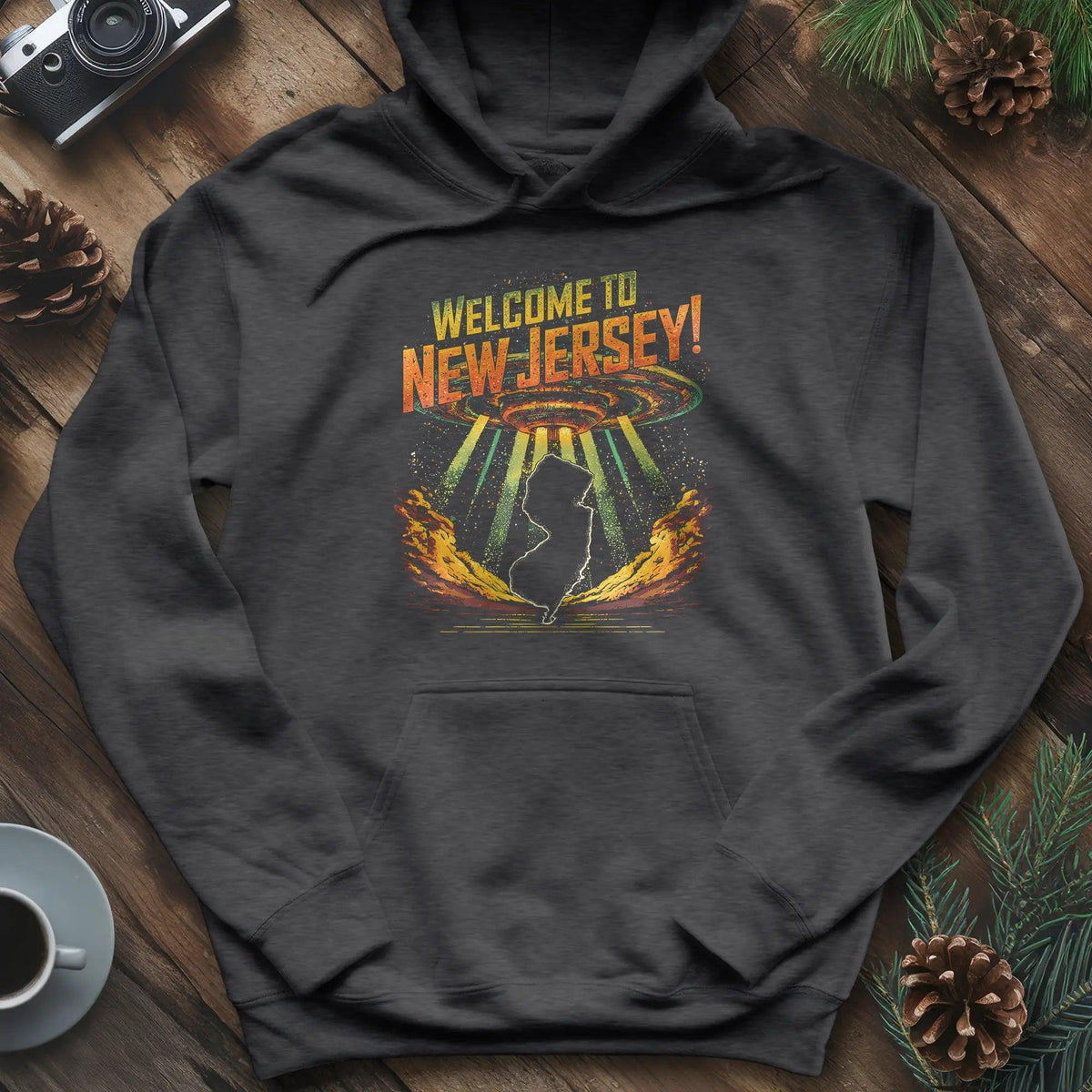 Welcome to New Jersey UFO Hoodie – Dark Heather – Outdoor apparel for travel, hiking, camping, and nature lovers – ExpediCamp