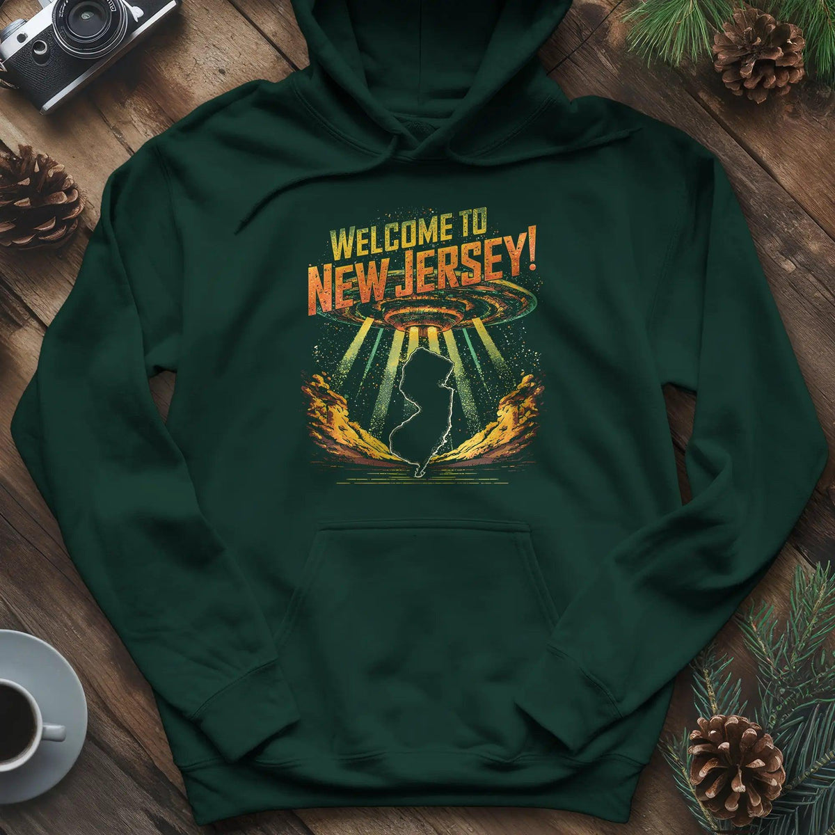 Welcome to New Jersey UFO Hoodie – Forest Green – Outdoor apparel for travel, hiking, camping, and nature lovers – ExpediCamp