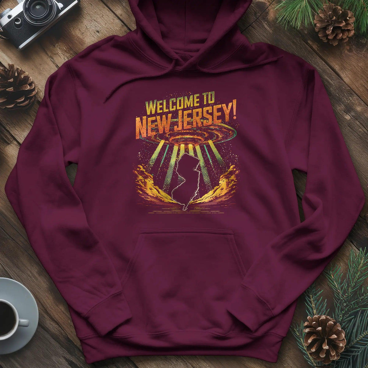 Welcome to New Jersey UFO Hoodie – Maroon – Outdoor apparel for travel, hiking, camping, and nature lovers – ExpediCamp