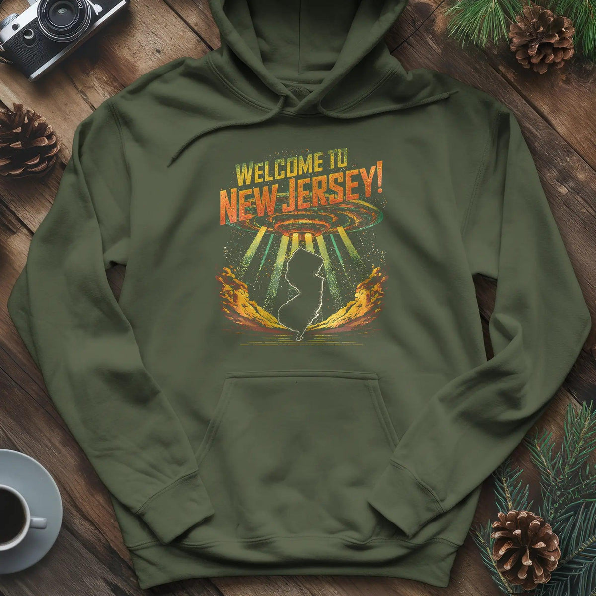 Welcome to New Jersey UFO Hoodie – Military Green – Outdoor apparel for travel, hiking, camping, and nature lovers – ExpediCamp