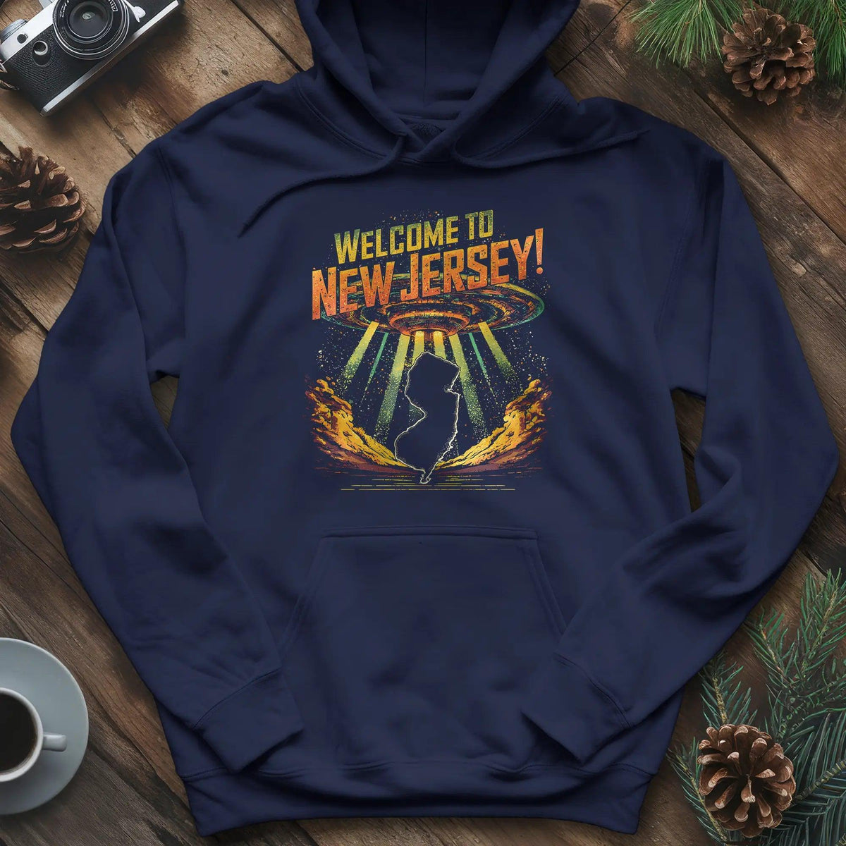 Welcome to New Jersey UFO Hoodie – Navy – Outdoor apparel for travel, hiking, camping, and nature lovers – ExpediCamp