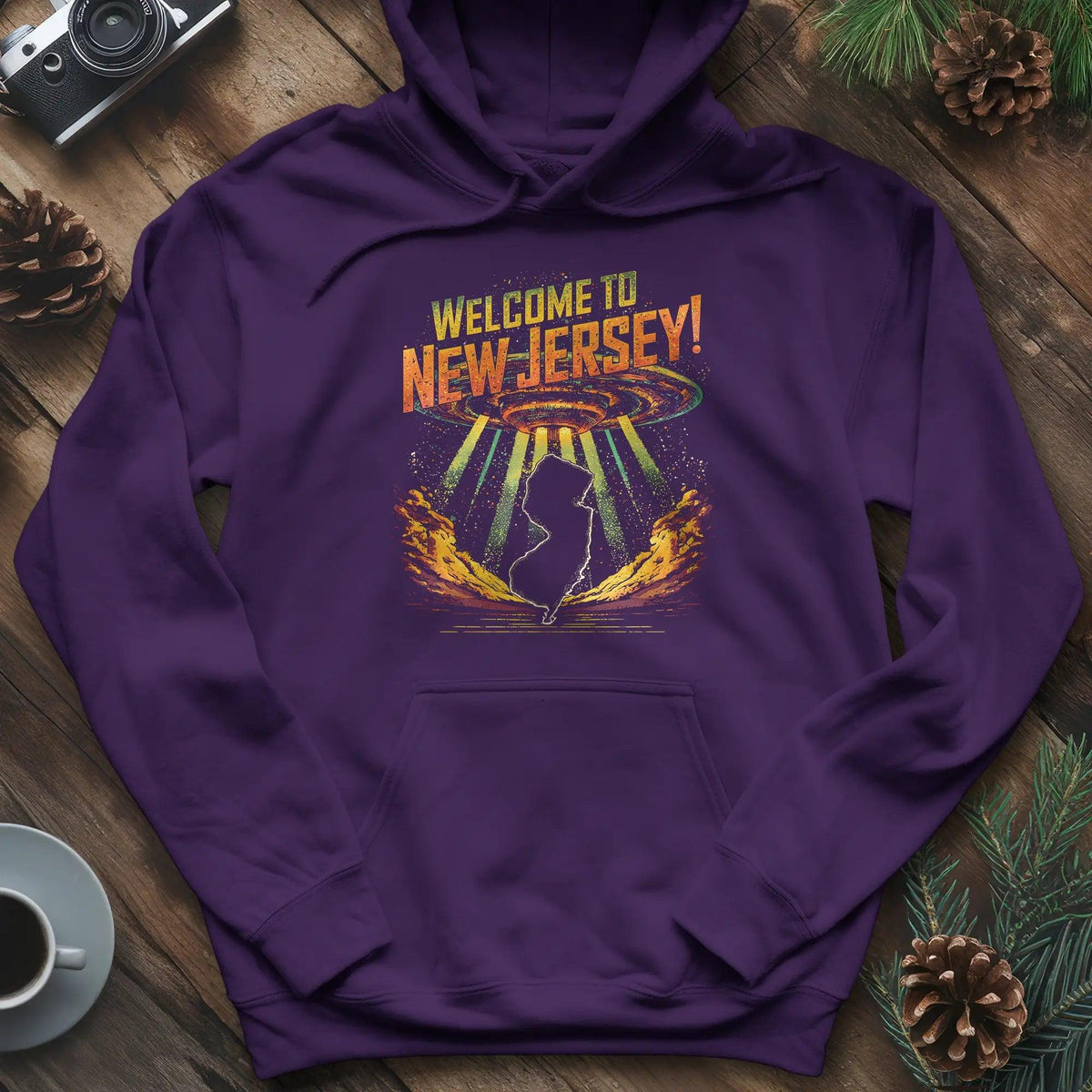 Welcome to New Jersey UFO Hoodie – Purple – Outdoor apparel for travel, hiking, camping, and nature lovers – ExpediCamp