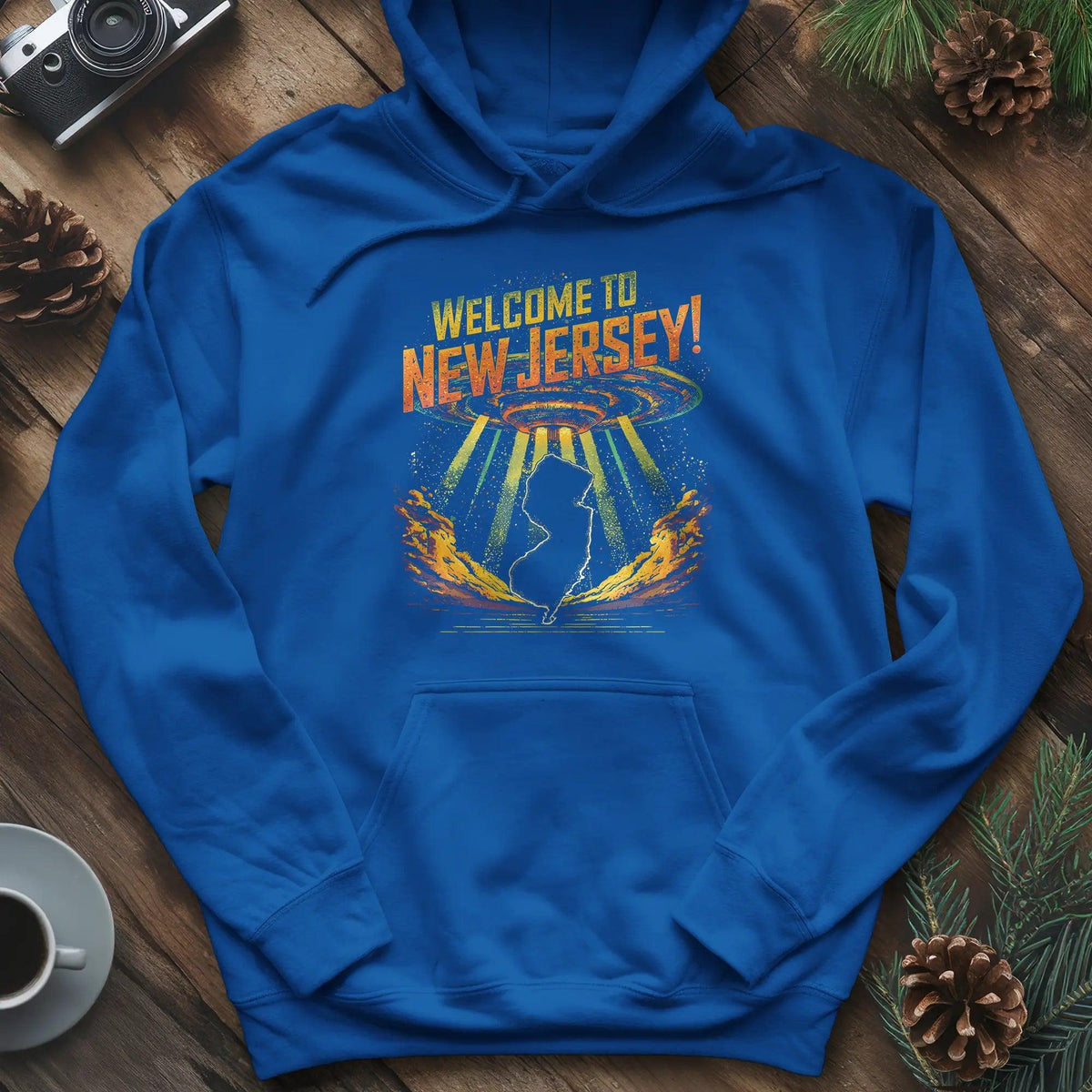 Welcome to New Jersey UFO Hoodie – Royal – Outdoor apparel for travel, hiking, camping, and nature lovers – ExpediCamp
