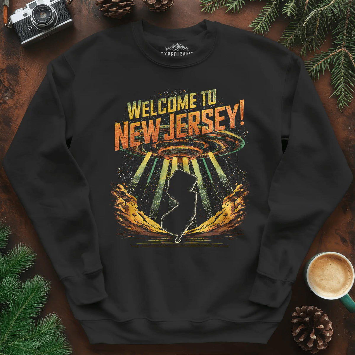Welcome to New Jersey UFO Sweatshirt – Black – Outdoor apparel for travel, hiking, camping, and nature lovers – ExpediCamp