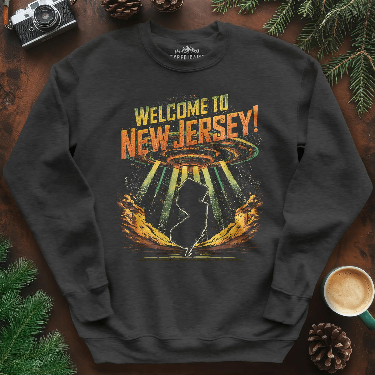 Welcome to New Jersey UFO Sweatshirt – Dark Heather – Outdoor apparel for travel, hiking, camping, and nature lovers – ExpediCamp