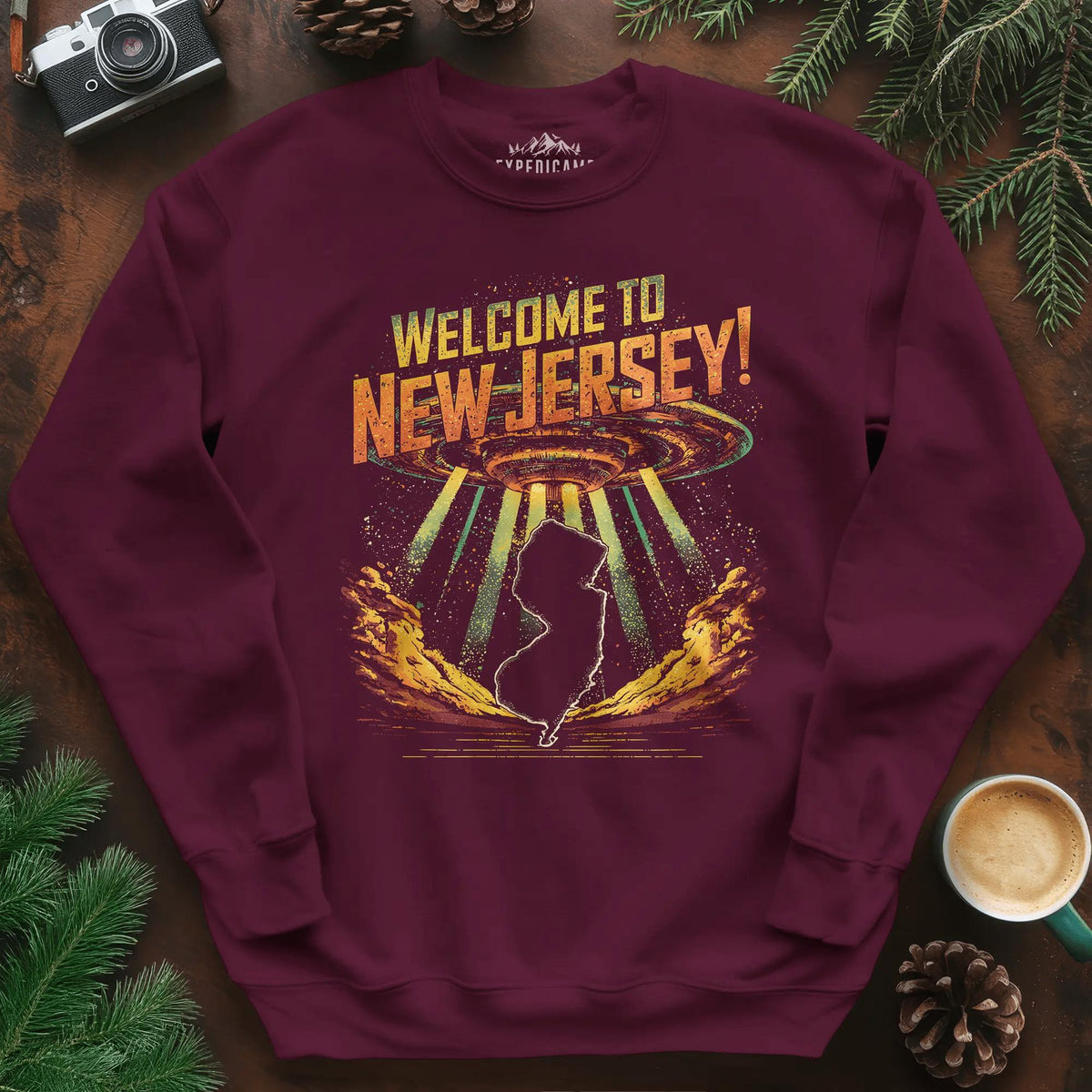 Welcome to New Jersey UFO Sweatshirt – Maroon – Outdoor apparel for travel, hiking, camping, and nature lovers – ExpediCamp