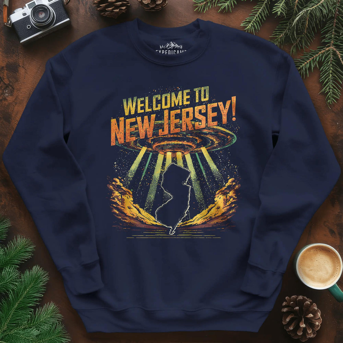 Welcome to New Jersey UFO Sweatshirt – Navy – Outdoor apparel for travel, hiking, camping, and nature lovers – ExpediCamp