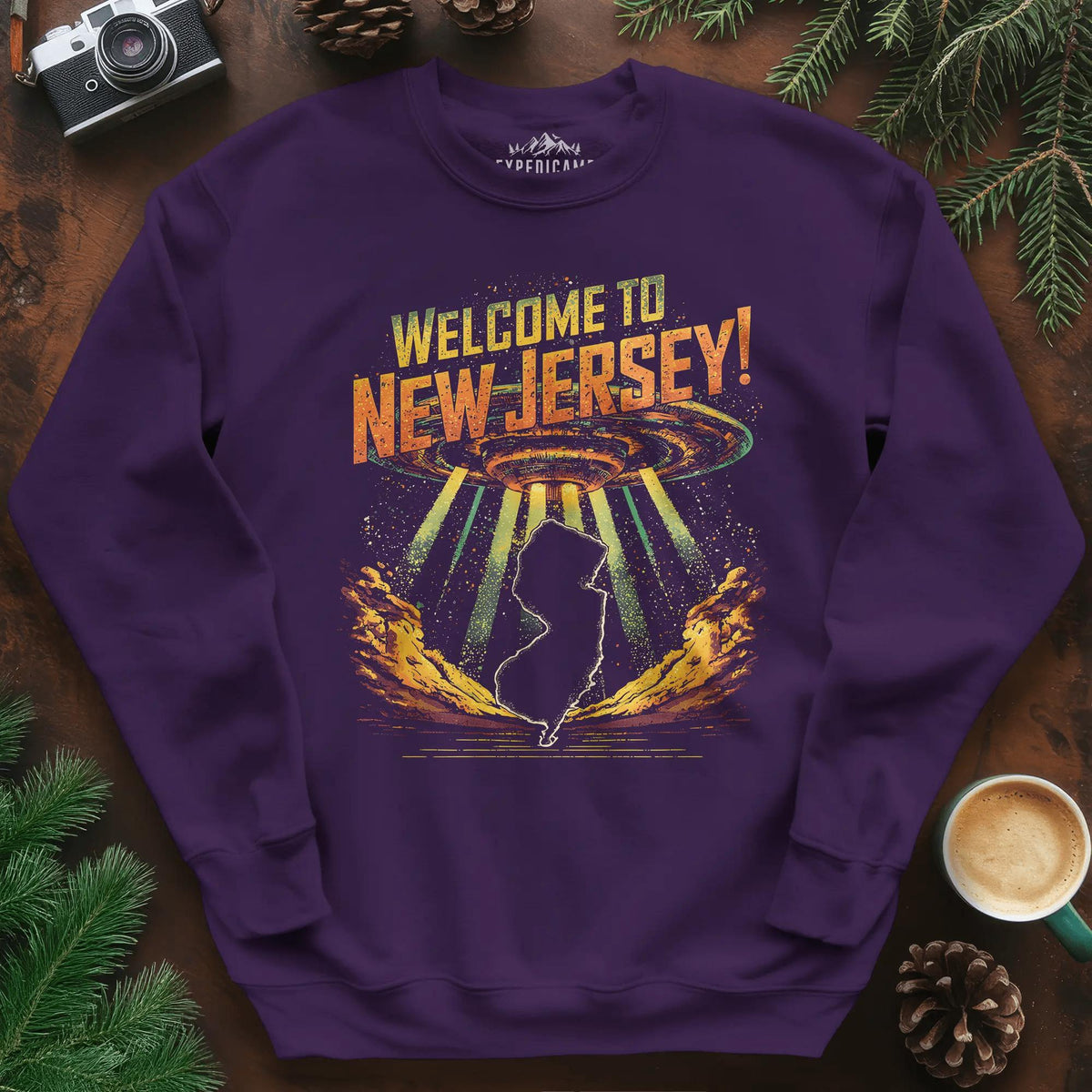 Welcome to New Jersey UFO Sweatshirt – Purple – Outdoor apparel for travel, hiking, camping, and nature lovers – ExpediCamp