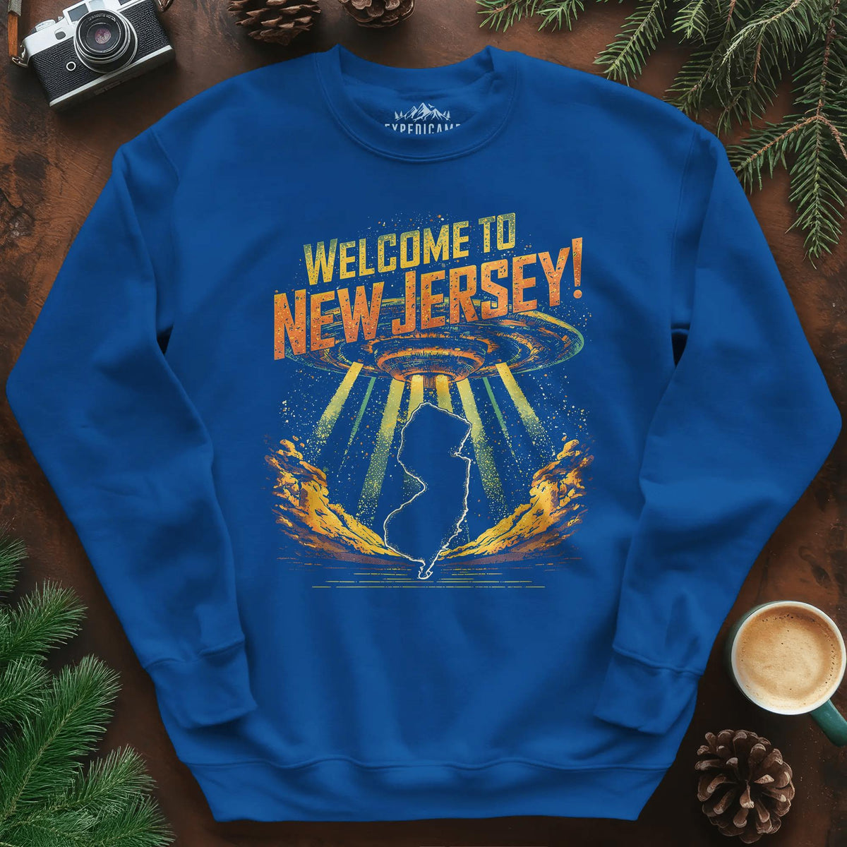 Welcome to New Jersey UFO Sweatshirt – Royal – Outdoor apparel for travel, hiking, camping, and nature lovers – ExpediCamp