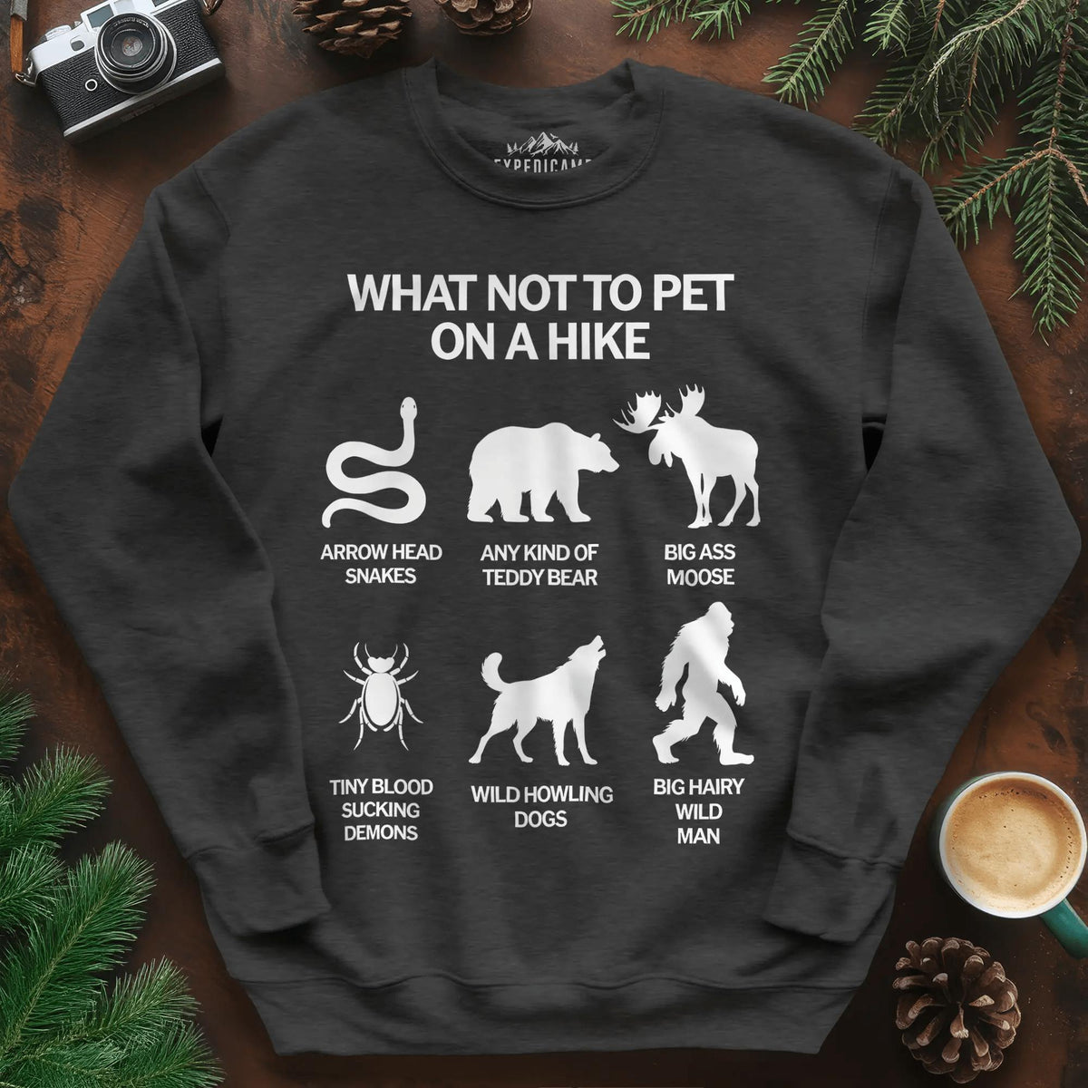 What Not To Pet On A Hike Sweatshirt – Funny Hiking Guide Sweatshirt – Dark Heather – Outdoor apparel for travel, hiking, camping, and nature lovers – ExpediCamp
