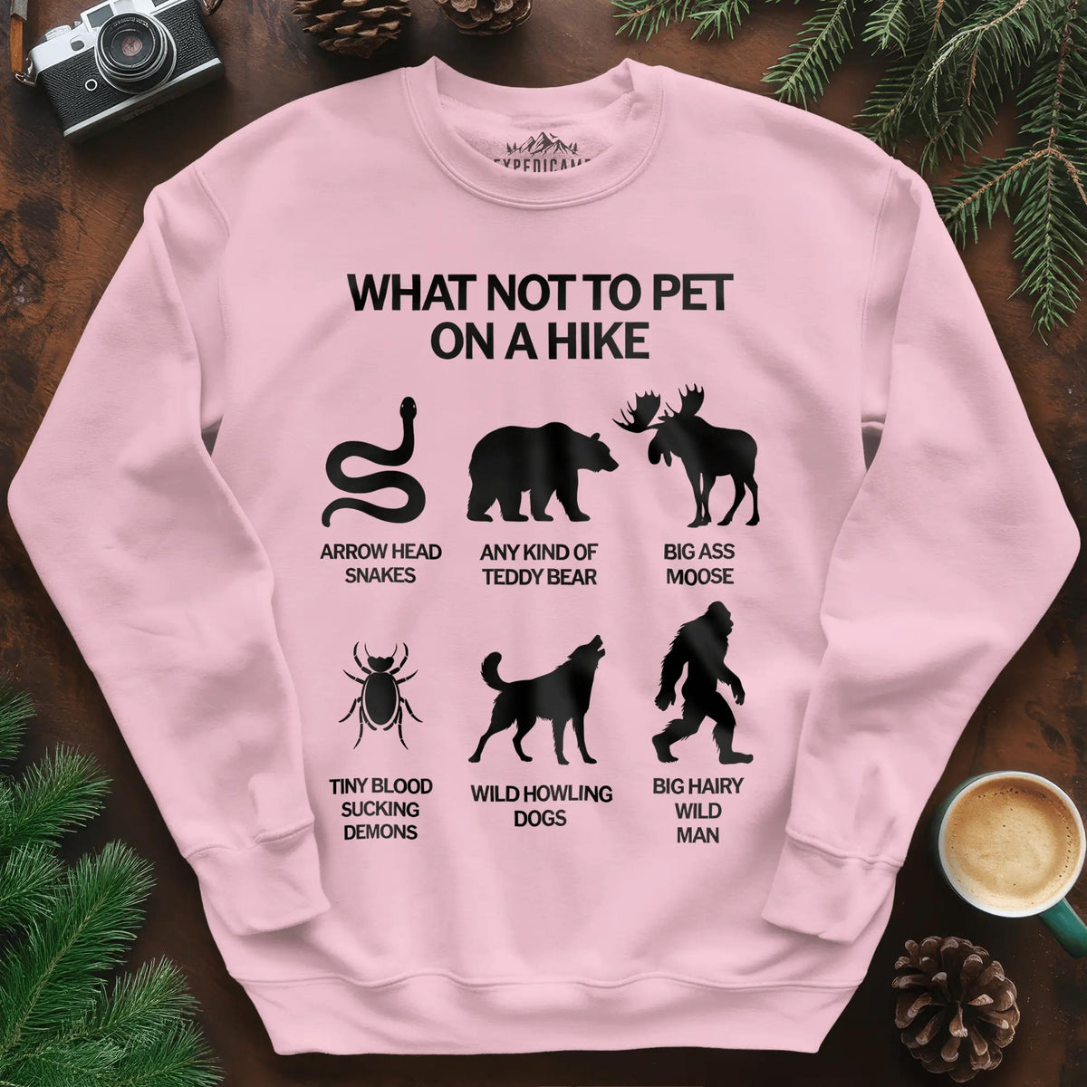 What Not To Pet On A Hike Sweatshirt – Funny Hiking Guide Sweatshirt – Light Pink – Outdoor apparel for travel, hiking, camping, and nature lovers – ExpediCamp