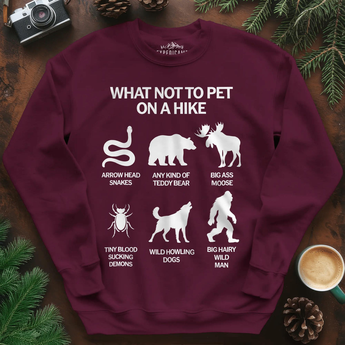 What Not To Pet On A Hike Sweatshirt – Funny Hiking Guide Sweatshirt – Maroon – Outdoor apparel for travel, hiking, camping, and nature lovers – ExpediCamp