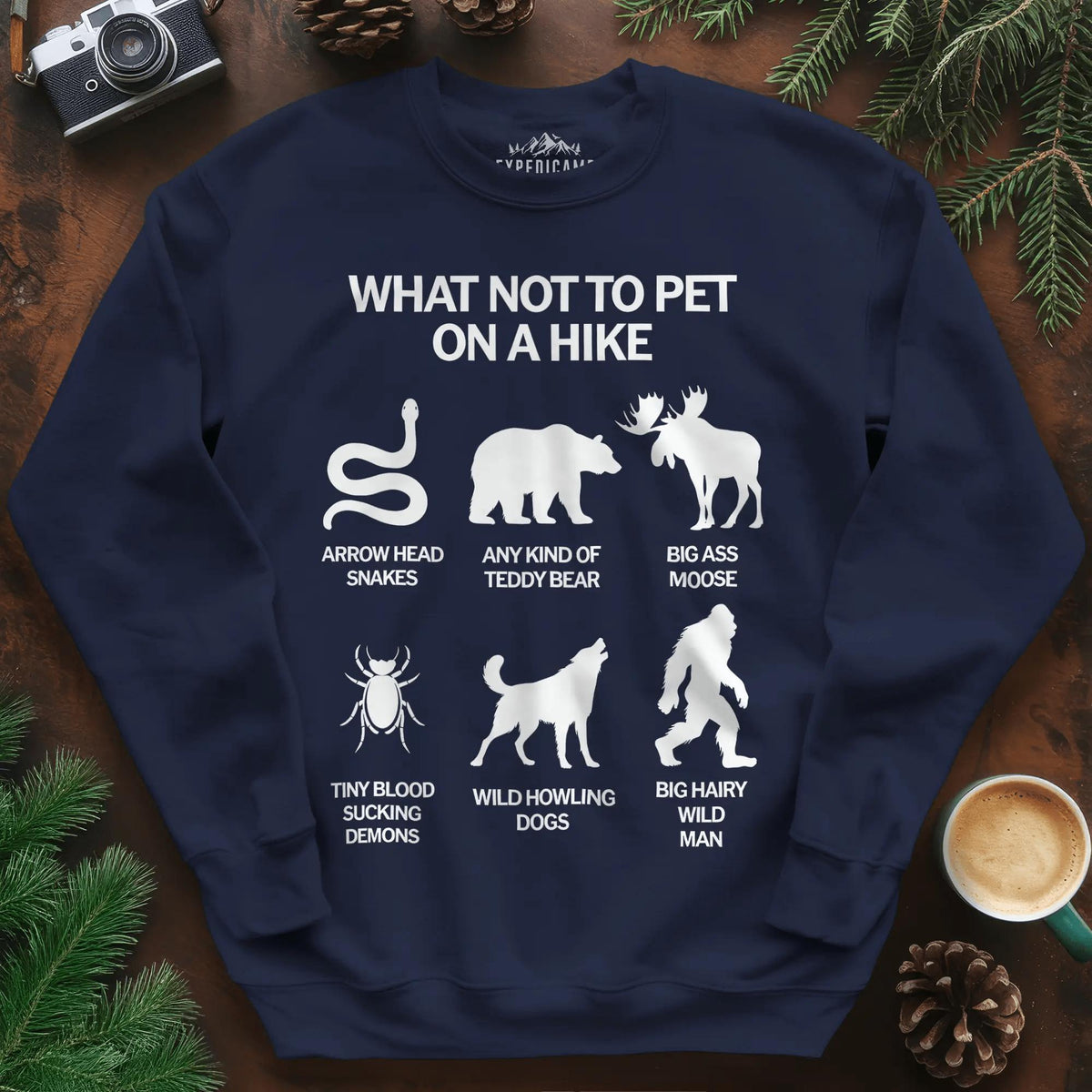 What Not To Pet On A Hike Sweatshirt – Funny Hiking Guide Sweatshirt – Navy – Outdoor apparel for travel, hiking, camping, and nature lovers – ExpediCamp