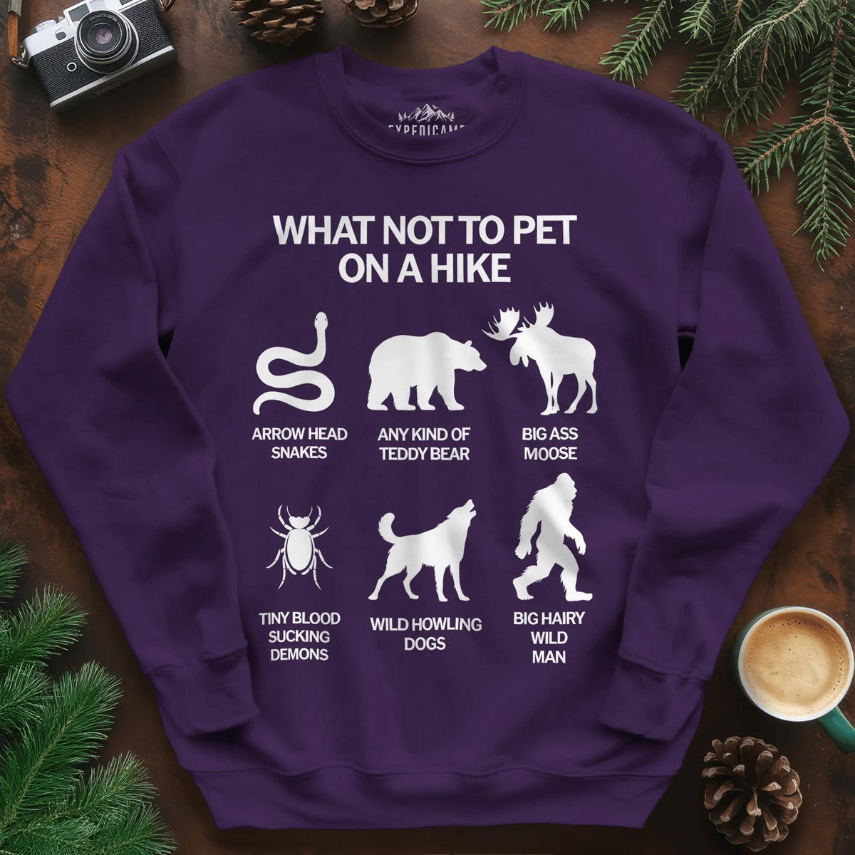 What Not To Pet On A Hike Sweatshirt – Funny Hiking Guide Sweatshirt – Purple – Outdoor apparel for travel, hiking, camping, and nature lovers – ExpediCamp