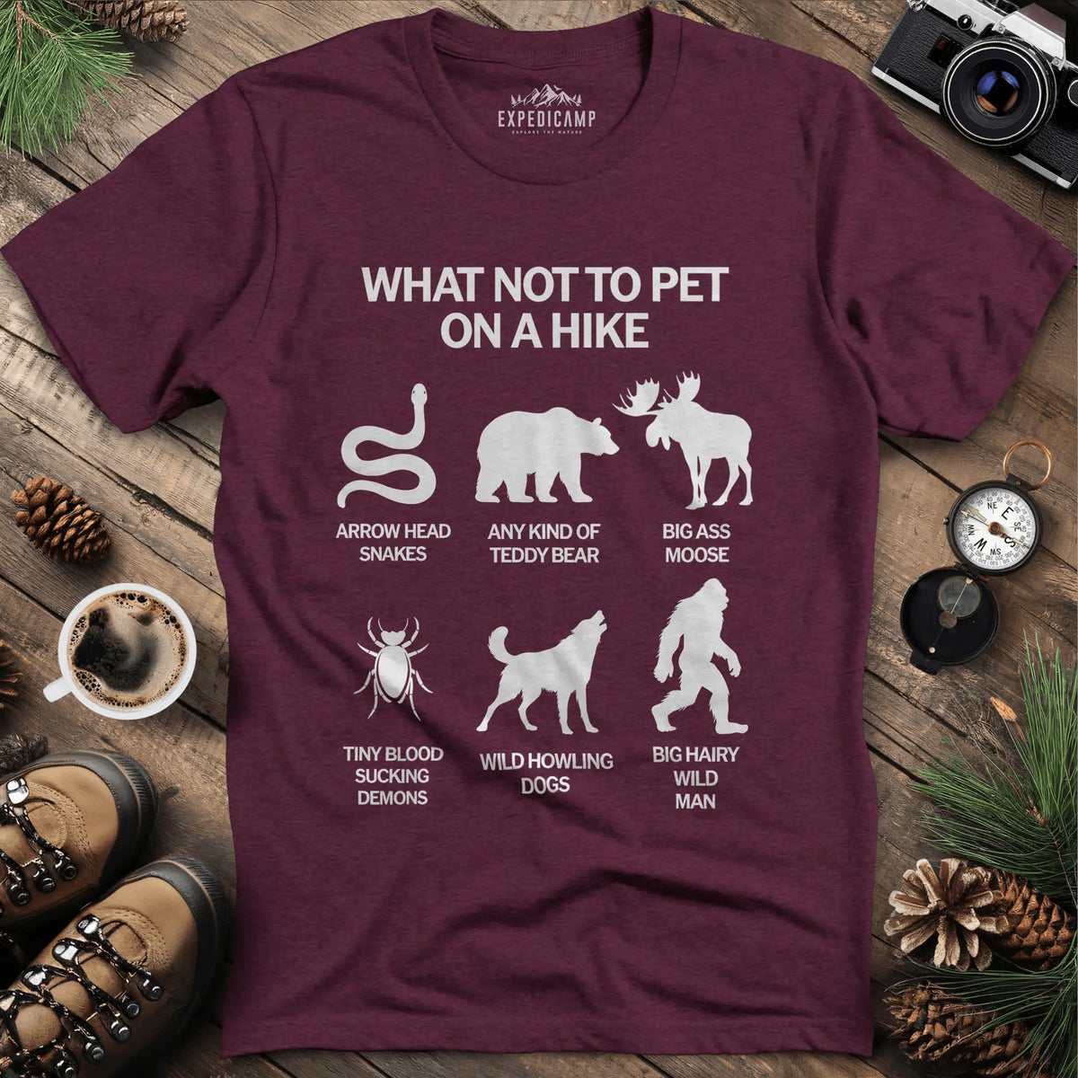 What Not To Pet On A Hike T-Shirt – Heather Maroon – Outdoor apparel for travel, hiking, camping, and nature lovers – ExpediCamp