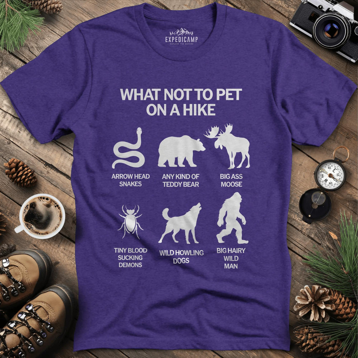 What Not To Pet On A Hike T-Shirt – Heather Purple – Outdoor apparel for travel, hiking, camping, and nature lovers – ExpediCamp