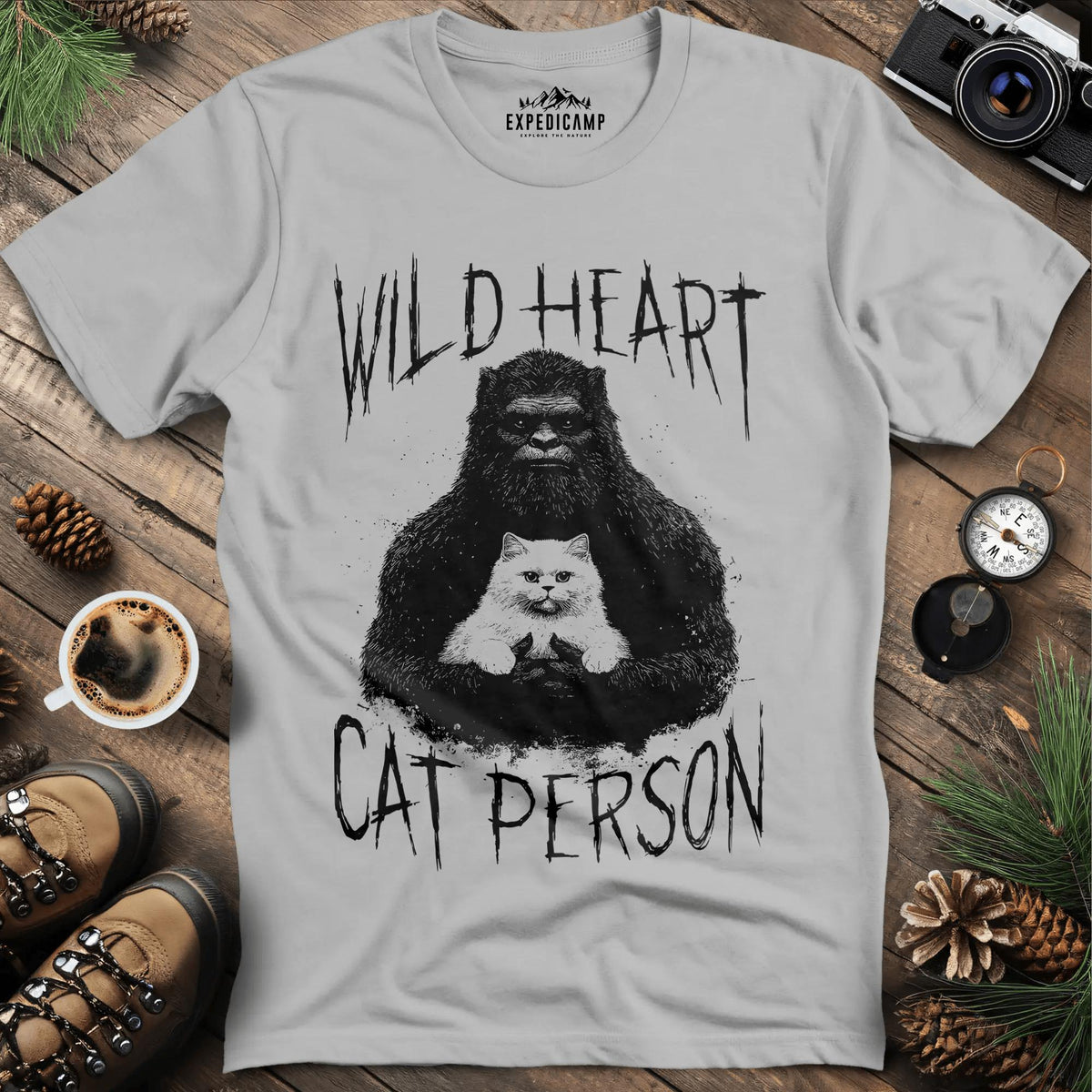 Wild Heart Cat Person Bigfoot T-Shirt – Ice Grey – Outdoor apparel for travel, hiking, camping, and nature lovers – ExpediCamp