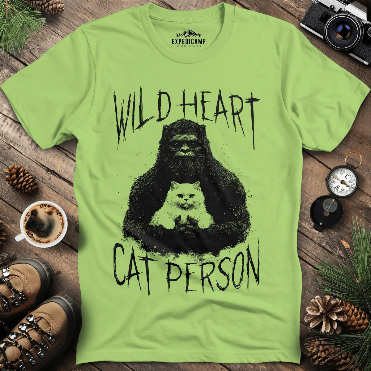 Wild Heart Cat Person Bigfoot T-Shirt – Kiwi – Outdoor apparel for travel, hiking, camping, and nature lovers – ExpediCamp