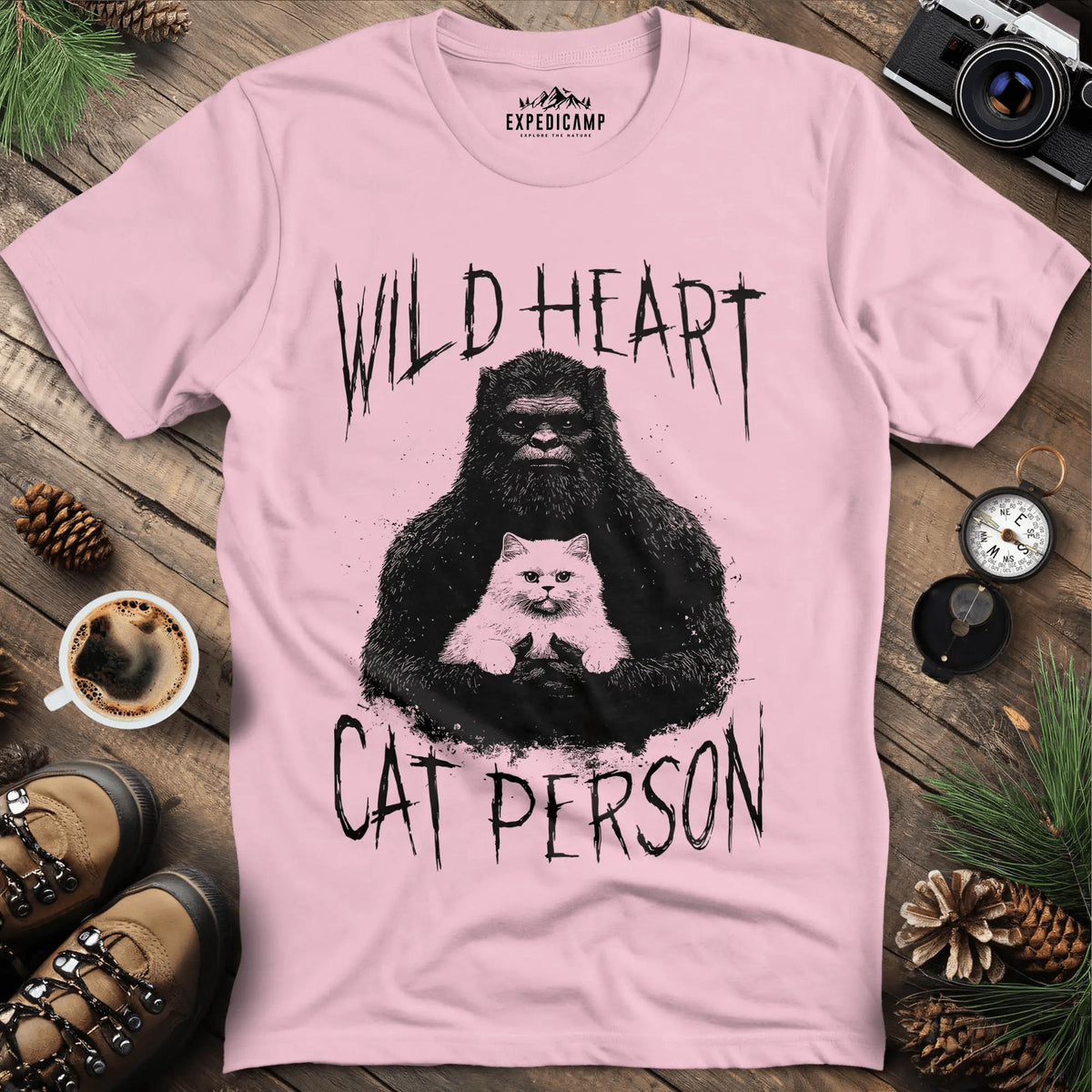 Wild Heart Cat Person Bigfoot T-Shirt – Light Pink – Outdoor apparel for travel, hiking, camping, and nature lovers – ExpediCamp