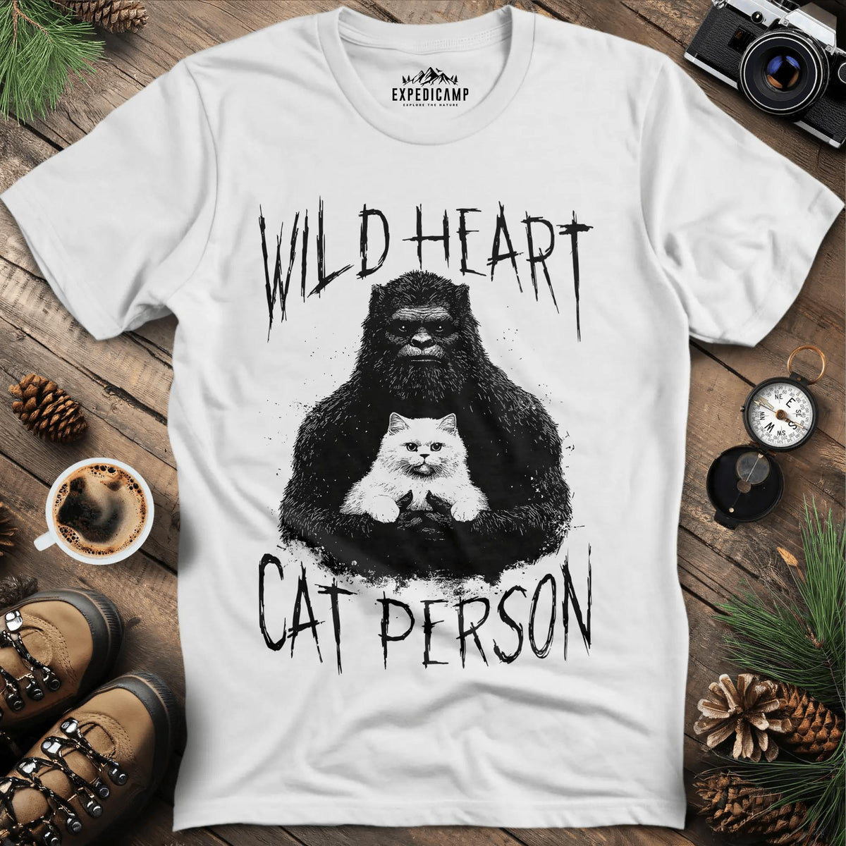 Wild Heart Cat Person Bigfoot T-Shirt – White – Outdoor apparel for travel, hiking, camping, and nature lovers – ExpediCamp
